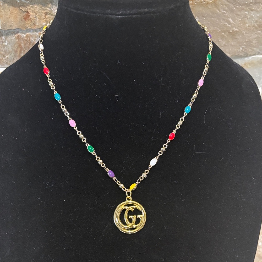 Gold Logo Pendant Necklace with Multicolor Beads
